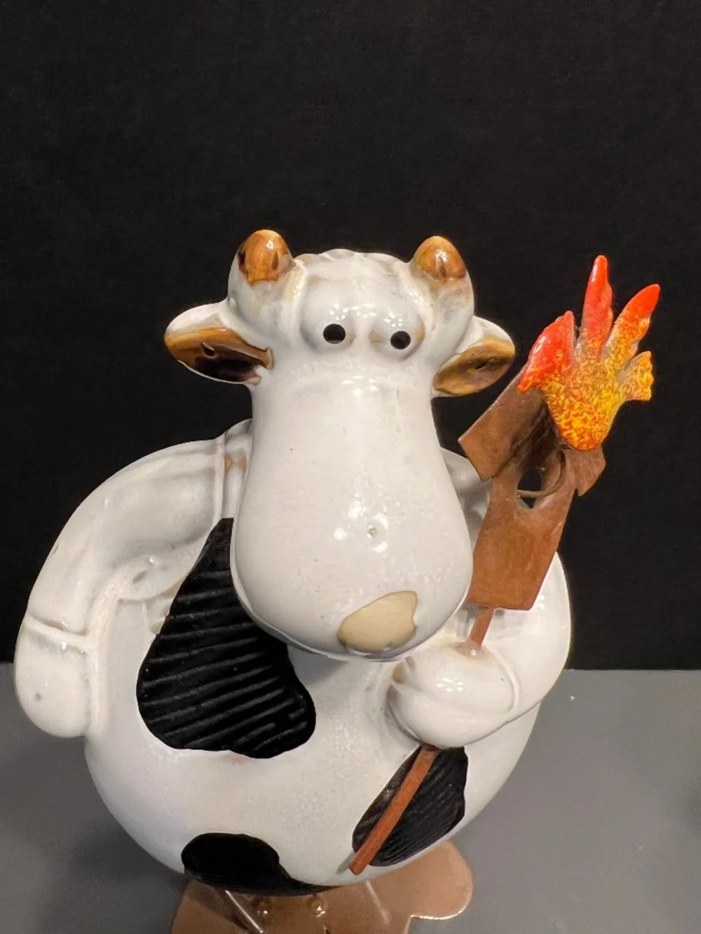 Long Leg Black & White Cow Holding Bird House, Bird and Flowers Set of 2 RARE